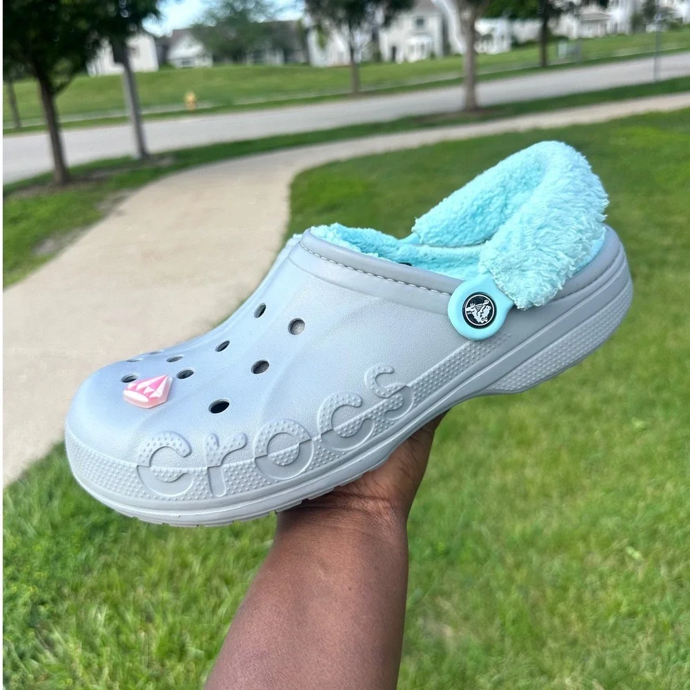 Crocs Adult Baya Lined Fuzzy Strap Clogs Size M11 Gray Aqua Blue Sandals
